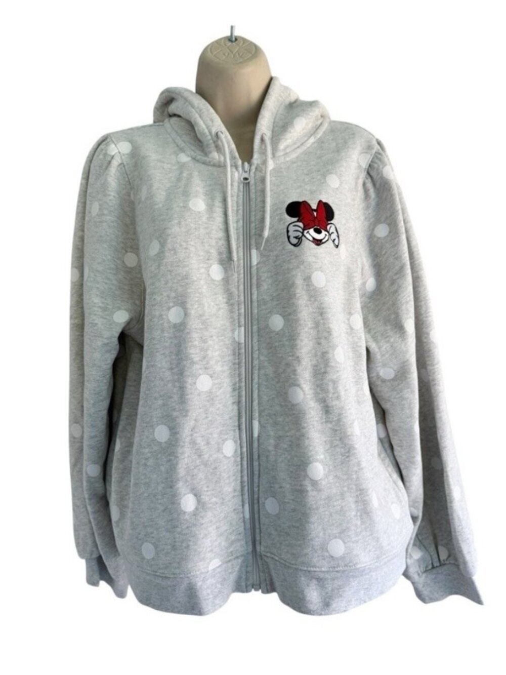 Disney Woman's Sz L Gray Polka Dot Peek A Boo Minnie Mouse Zip Up Hoodie